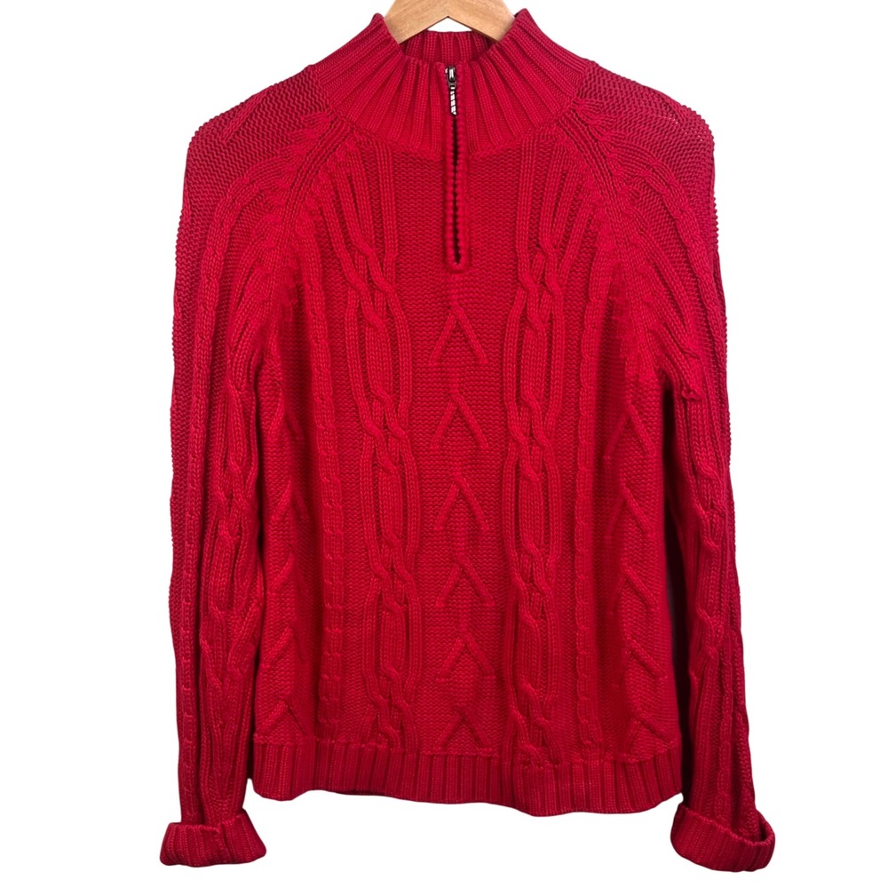 Jillian & Nicole Red Medium Chunky Cable Knit Cuffed Woman's Sweater 1/4 Zip